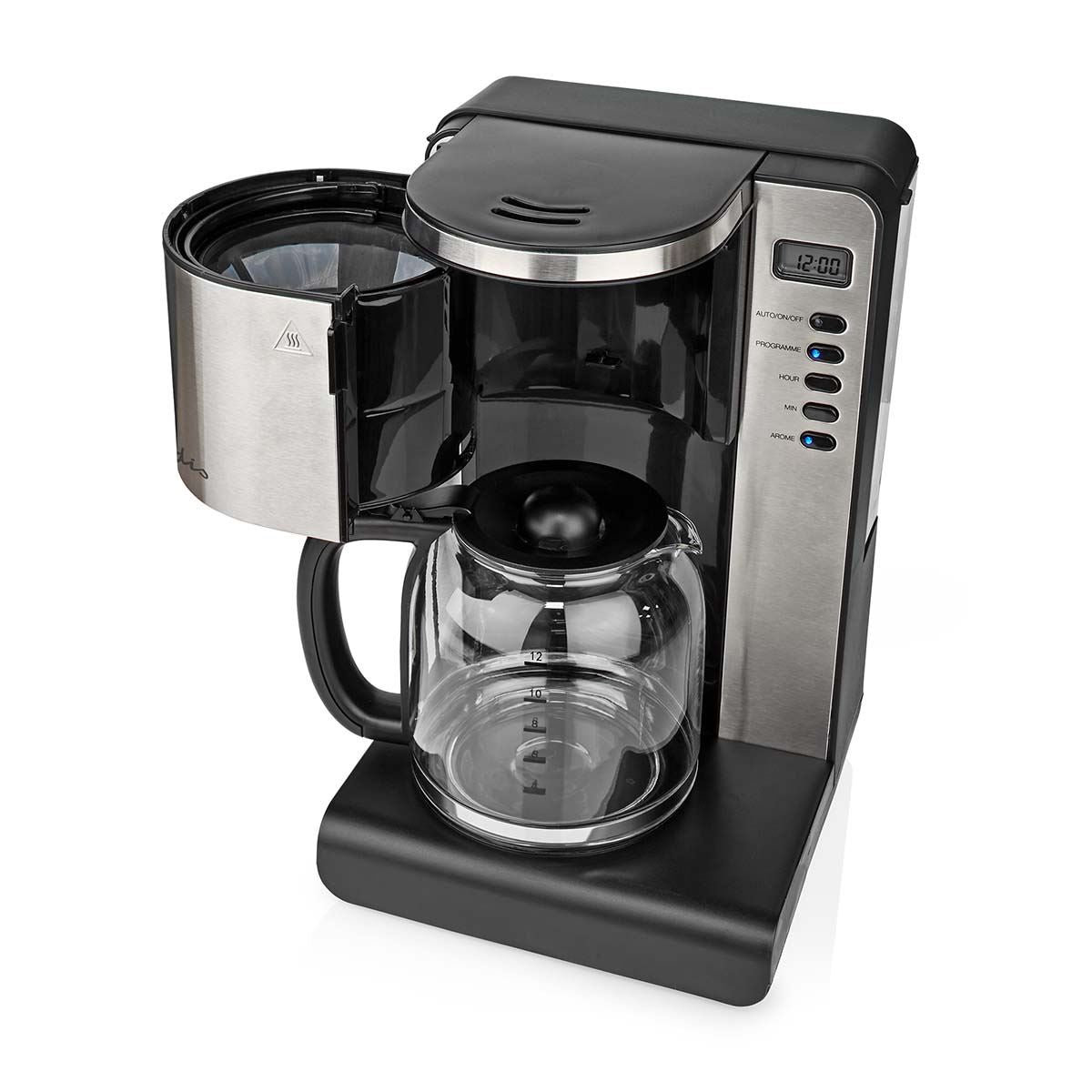 Nedis Coffee Maker | Filter Coffee | 1.5 l | 12 Cups | Keep warm feature | Switch on timer | LCD display | Clock function | Aluminium / Black