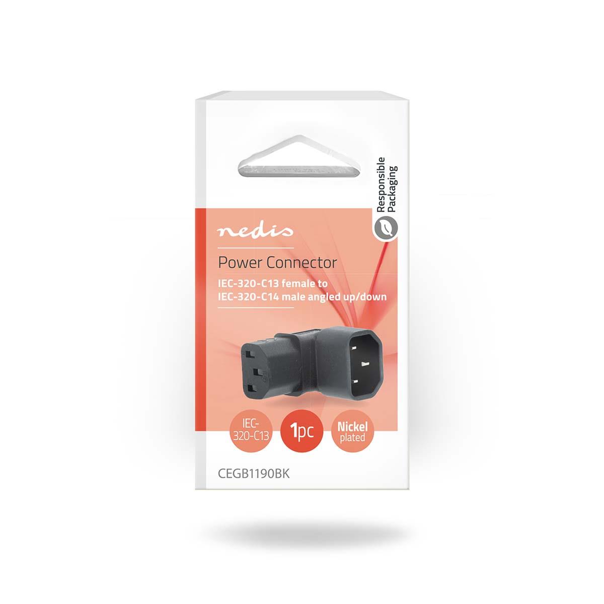 Nedis Extension Plug | IEC-320-C13 | IEC-320-C14 | Angled 90° | Nickel Plated | PVC | Black | Box | 1 pcs