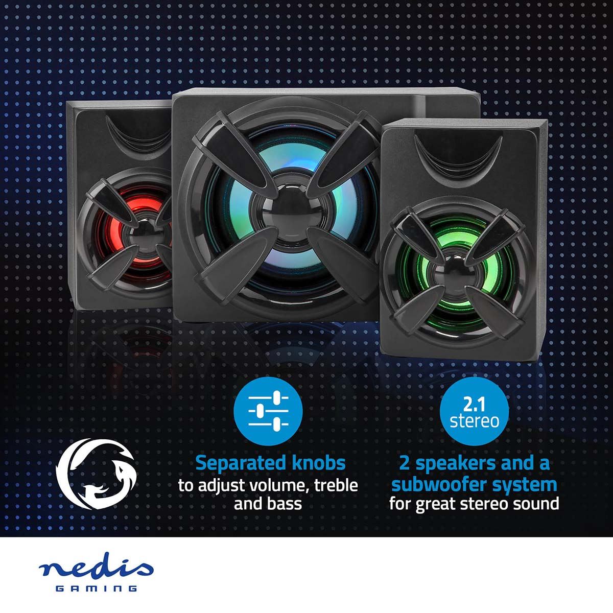 Nedis Gaming Speaker | Speaker channels: 2.1 | USB Powered | 3.5 mm Male | 33 W | LED | Volume control
