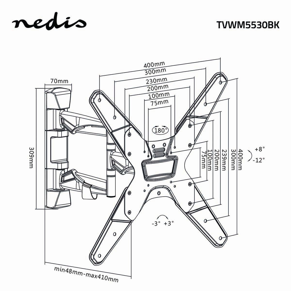 Nedis Full Motion TV Wall Mount | 23 - 55 " | Maximum supported screen weight: 30 kg | Tiltable | Rotatable | Minimum wall distance: 48 mm | Maximum wall distance: 410 mm | 3 Pivot point(s) | Steel | Black