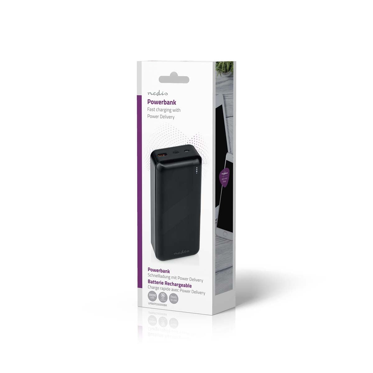 Nedis Powerbank | 30000 mAh | 1.5 / 2.0 / 3.0 A | Number of outputs: 2 | Output connection: 1x USB-A / 1x USB-C™ | Input connection: 1x Micro USB / 1x USB-C™ | PD3.0 20W | Lithium-Polymer