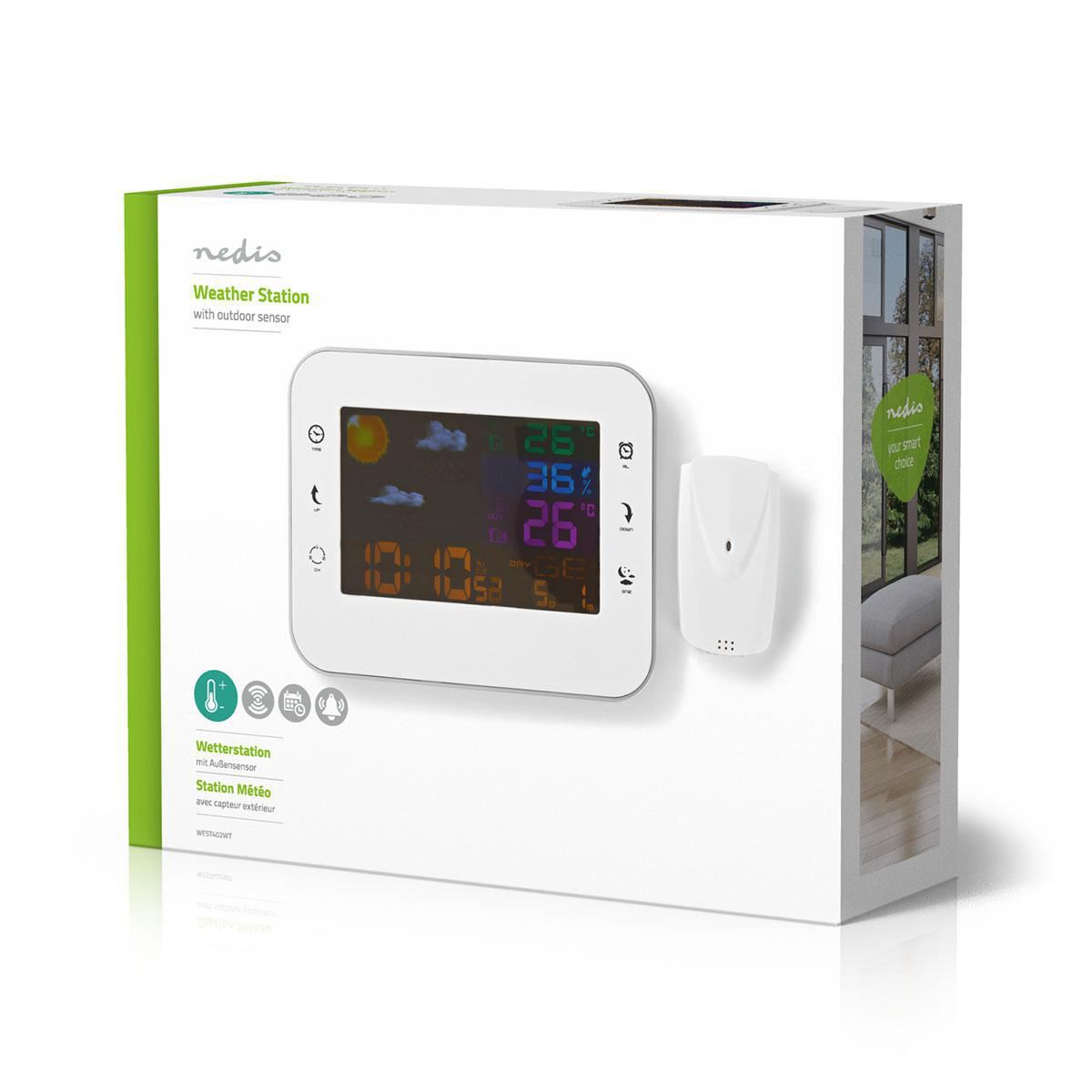 Nedis Weather Station | Indoor & Outdoor | Including wireless weather sensor | Weather forecast | Time display | Colour LCD Display | Alarm clock function