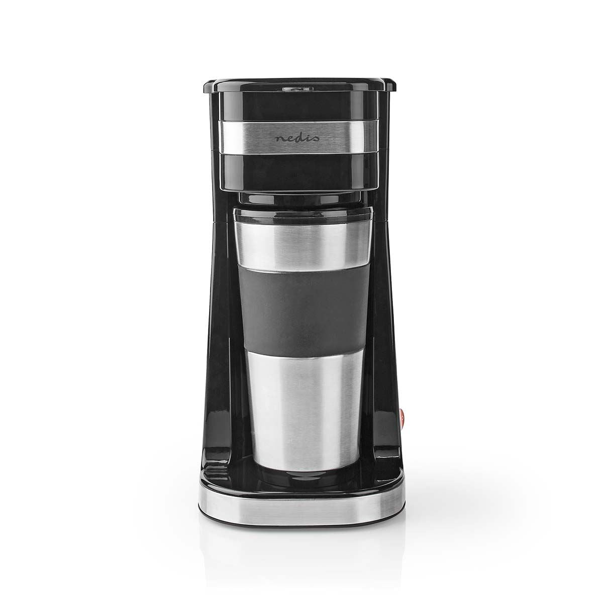 Nedis Single Serve Coffee Maker with 400ml Travel Mug, Double Wall Insulated, Stainless Steel, with Reusable Filter