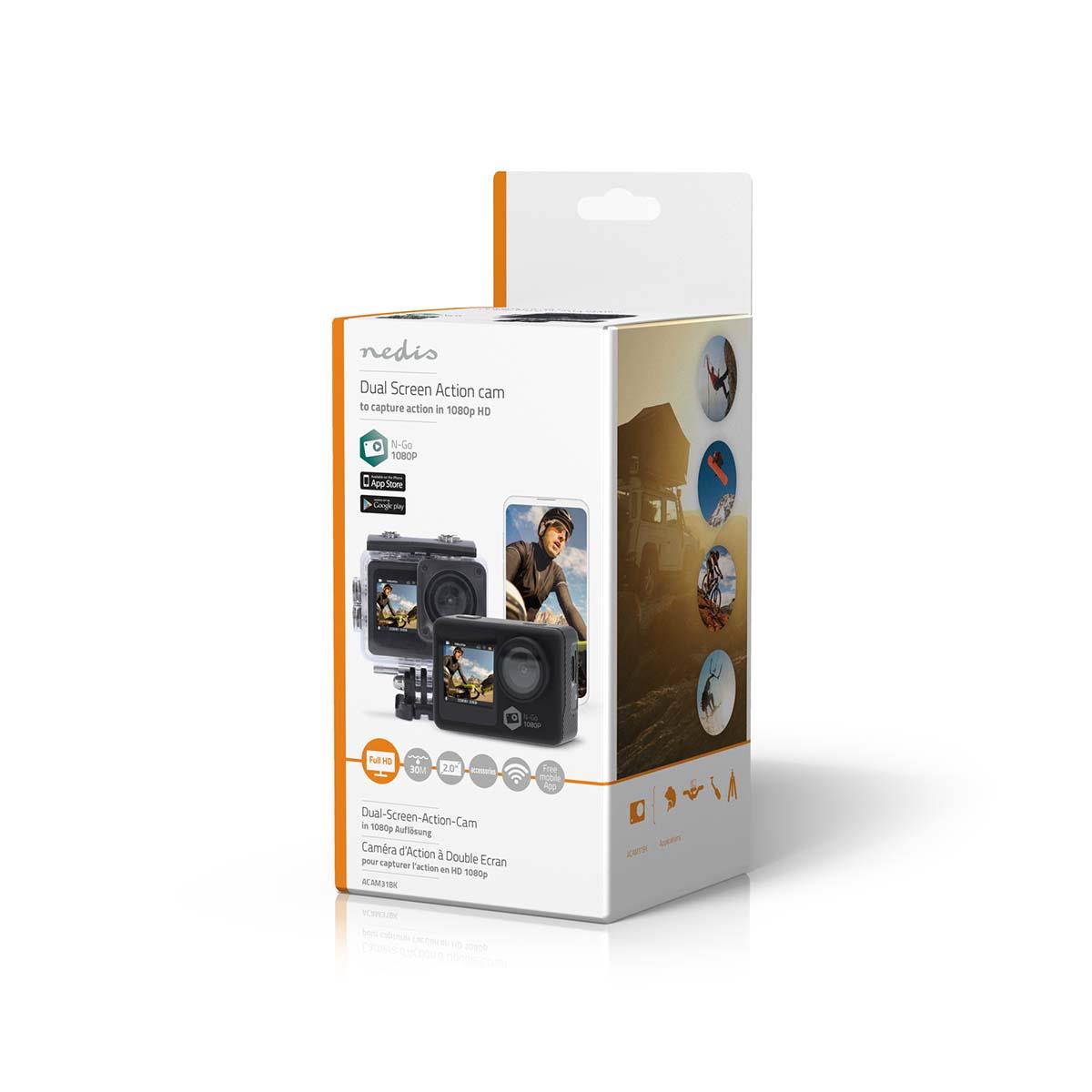 Nedis Action Cam | Dual Screen | 1080p@30fps | 12 MPixel | Waterproof up to: 30.0 m | 70 min | Wi-Fi | App available for: Android™ / IOS | Mounts included | Black