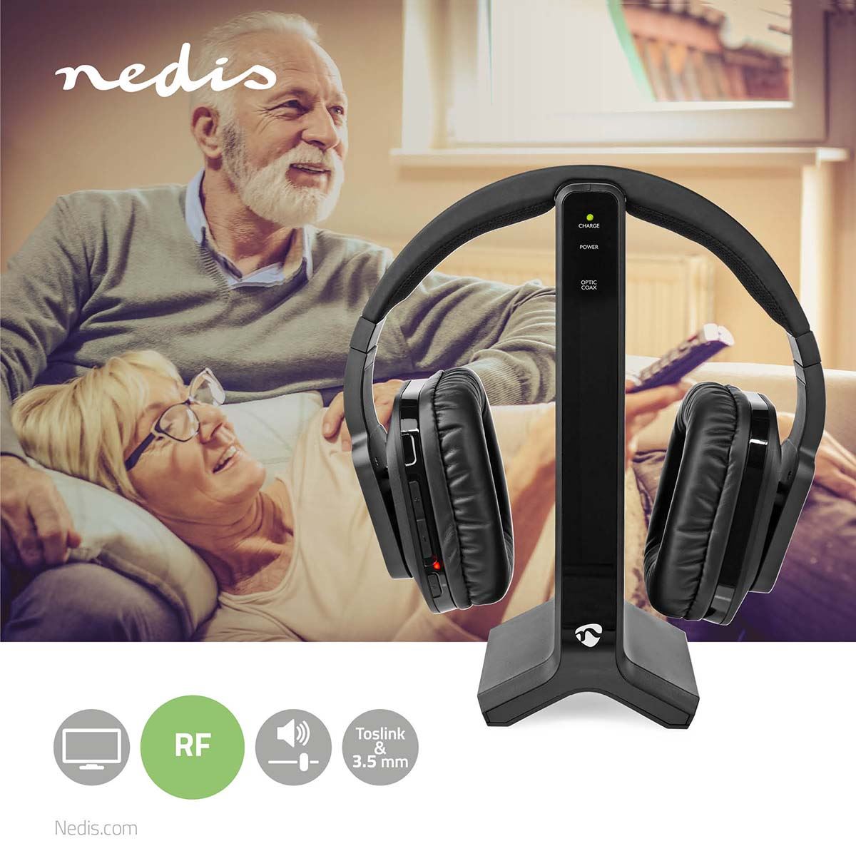 Nedis Wireless TV Headphones | RF | Over-Ear | Maximum battery play time: 8 hrs | 25 m | Digital Audio | Charging dock | Black