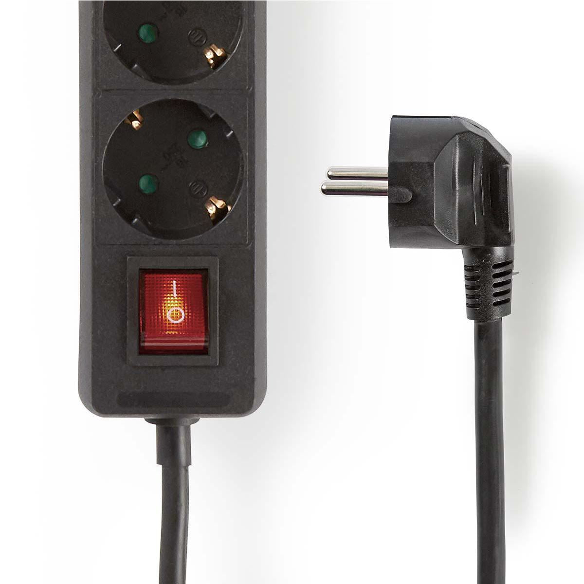 Nedis Extension Socket | Type F (CEE 7/7) | 3-Way | 1.50 m | 3680 W | 16 A | Kind of grounding: Side Contacts | 230 V AC 50/60 Hz | Socket angle: 45 ° | H05VV-F 3G1.5mm² | On/Off switch | Black