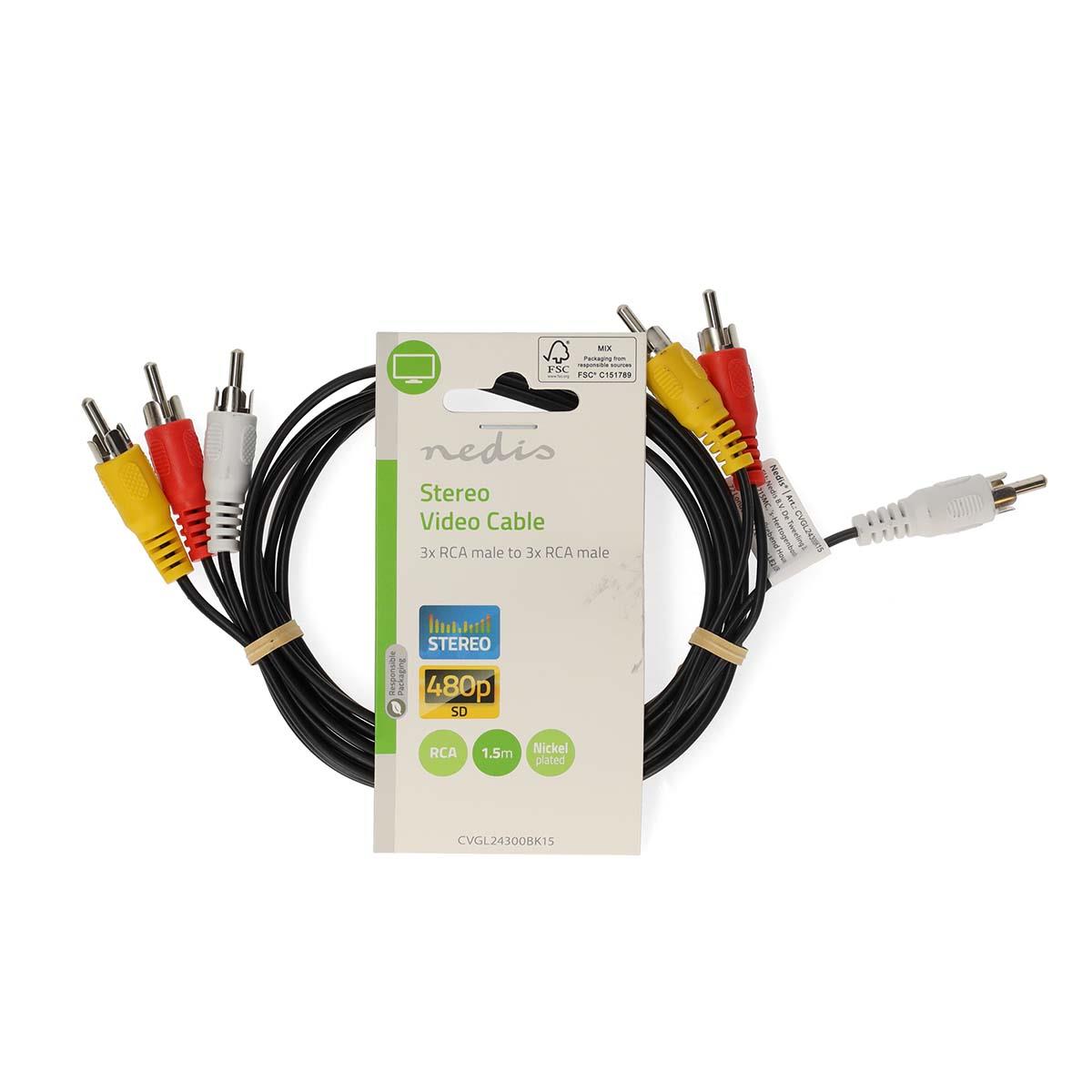 Nedis Composite Video Cable | 3x RCA Male | 3x RCA Male | Nickel Plated | 480p | 5.00 m | Round | PVC | Black | Envelope