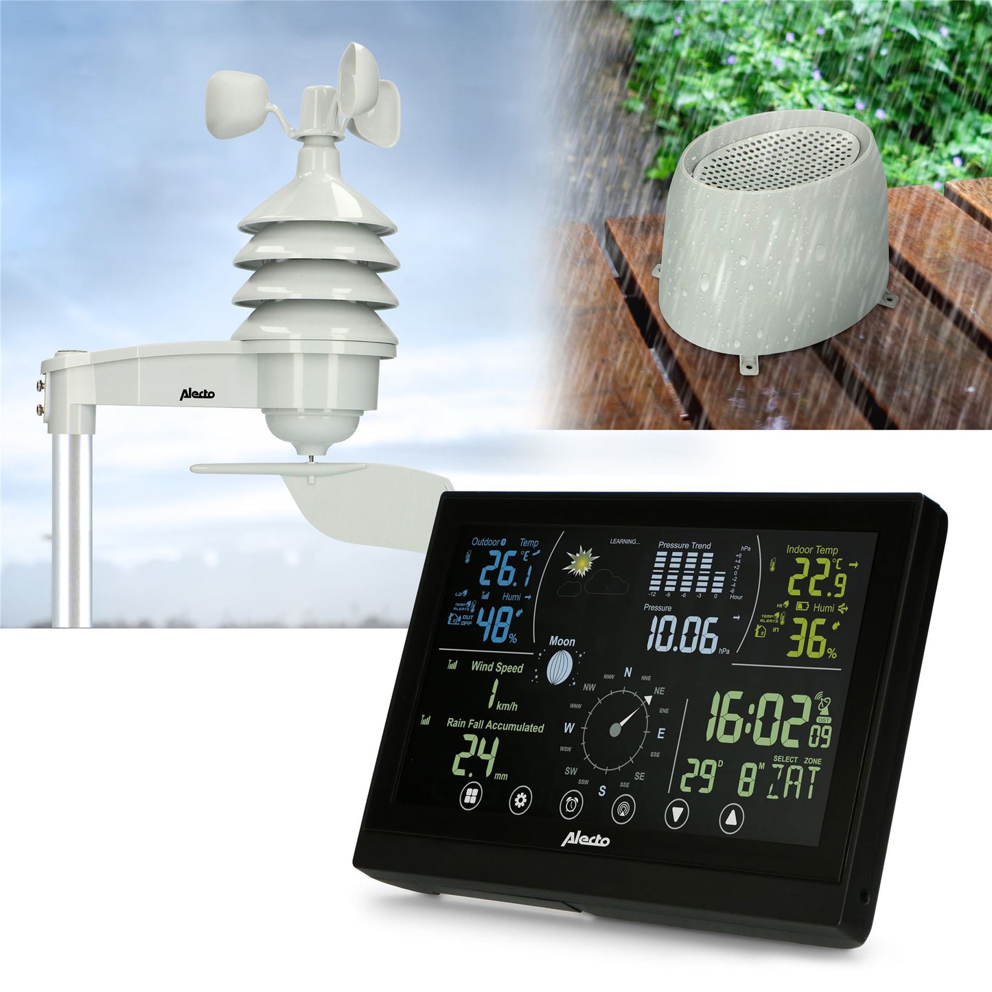 Alecto WS3875 | 6-in-1 Weather Station | Indoor and Outdoor Temperature, Forcast, Wind, Pressure, Humidity, Rain & More | Outside Wireless sensor | Black