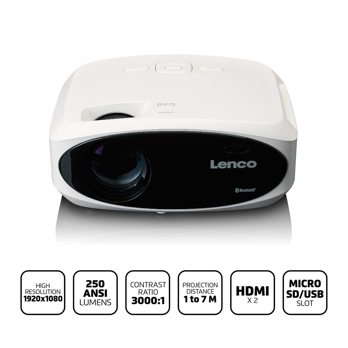 Lenco Full HD 1080P LCD projector with Bluetooth White