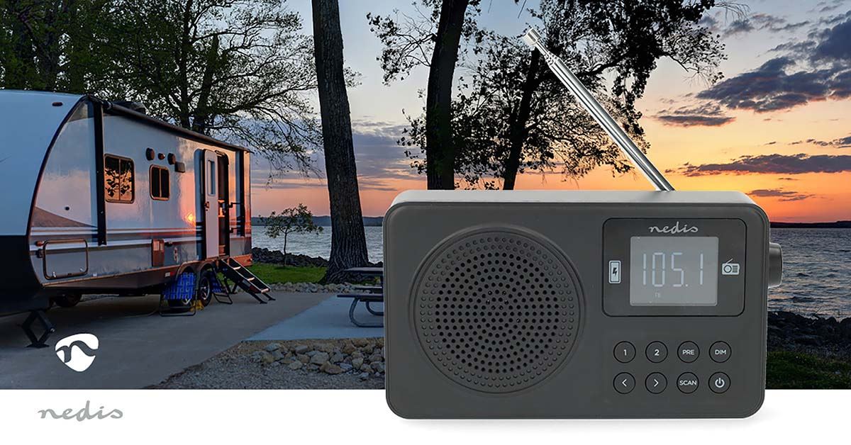 Nedis FM Radio | Portable Design | FM | Battery Powered / USB Powered | Digital | 2 W | Screen size: 1.77 " | Black White Screen | Bluetooth® | Headphone output | Alarm clock | Black