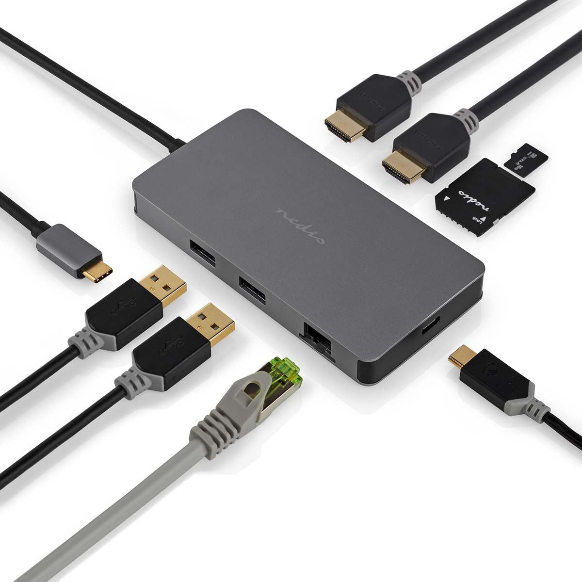 Nedis USB Multi-Port Adapter | USB 3.2 Gen 1 | USB-C™ Male | Micro SD / RJ45 Female / SD / USB-C™ Female / 2x HDMI™ / 2x USB-A Female | 5 Gbps | 0.20 m | Round | Gold Plated | PVC | Anthracite | Box