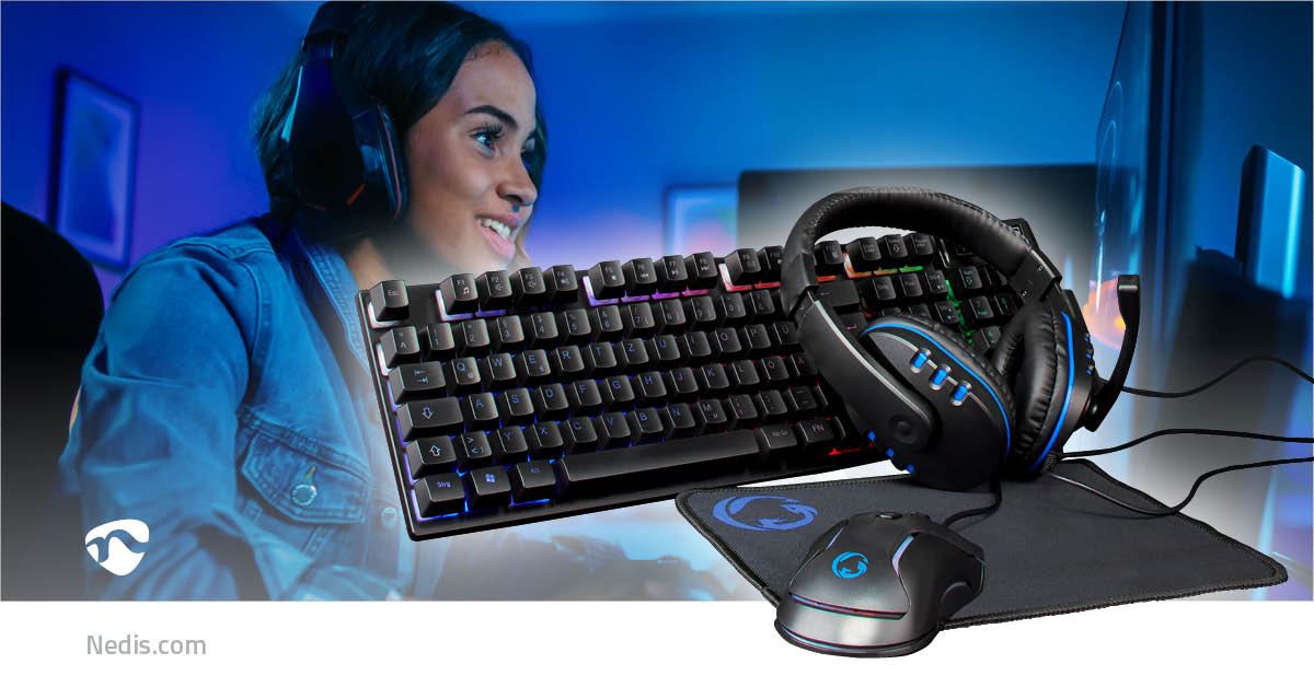 Nedis Gaming Combo Kit | 5-in-1 | Keyboard, Headset, Mouse and Mouse Pad | Black | QWERTZ | DE Layout