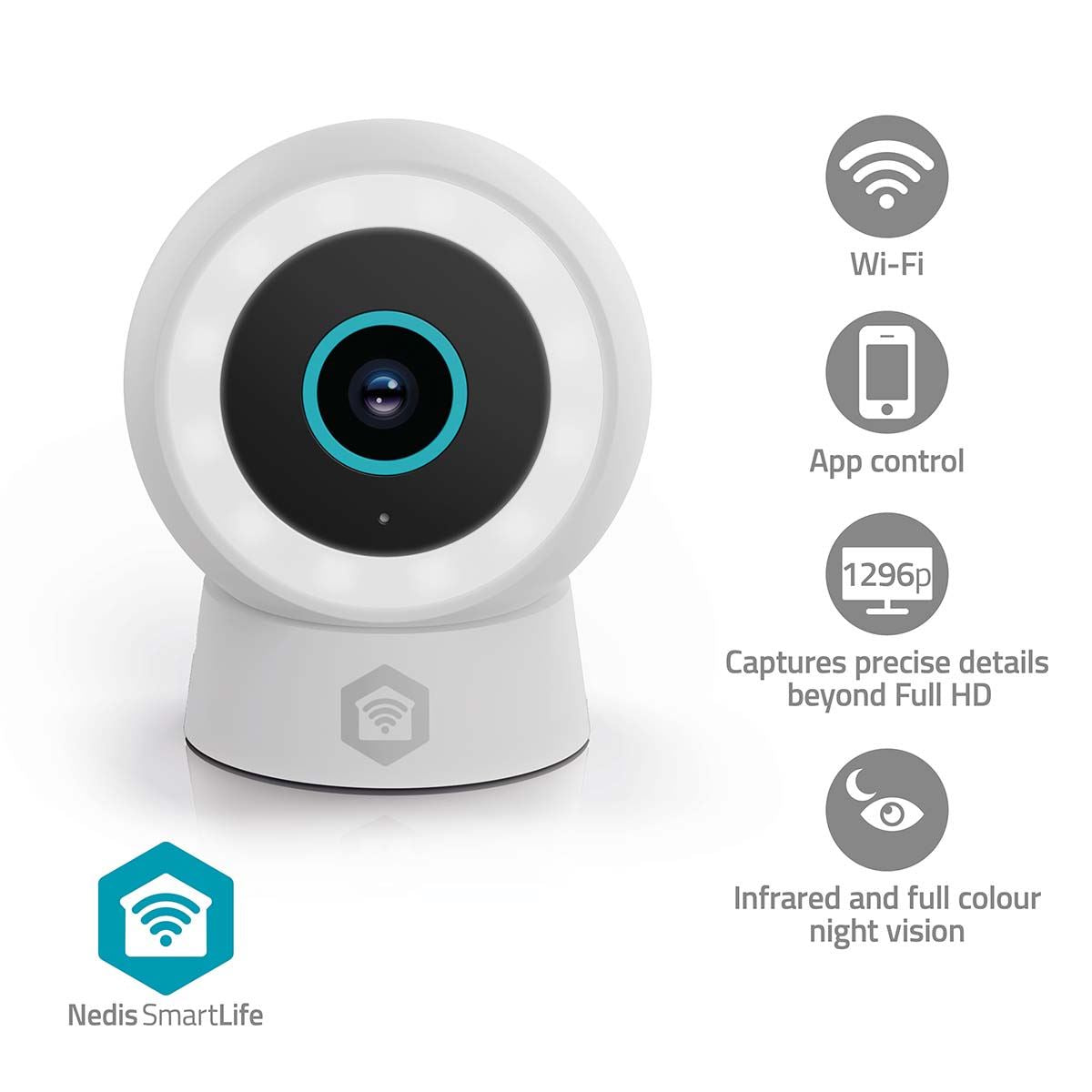 Nedis SmartLife Outdoor Camera | Wi-Fi | Spotlight | 3MP Full HD 1296p | IP65 | Cloud Storage (optional) / microSD (not included) / Onvif | 5 V DC | With motion sensor | Night vision | White