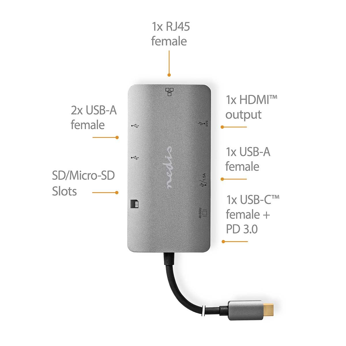 Nedis USB Multi-Port Adapter | USB 3.2 Gen 1 | USB-C™ Male | HDMI™ Output / Micro SD / RJ45 Female / SD / USB-C™ Female / 3x USB-A Female | 5 Gbps | 0.20 m | Round | Gold Plated | PVC | Anthracite | Box