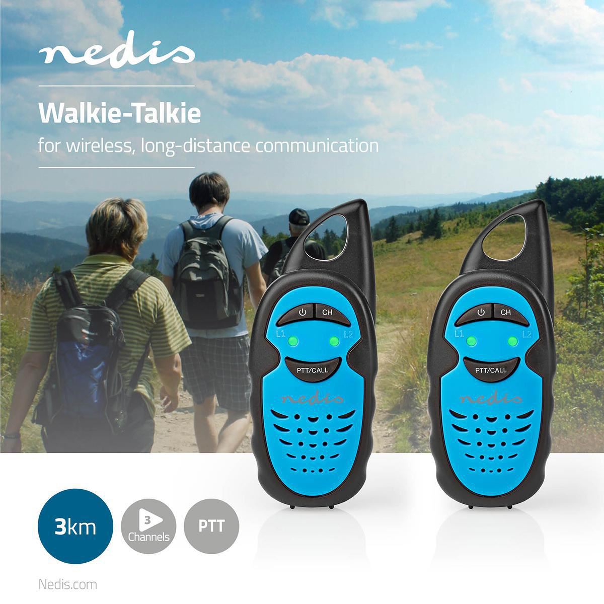Nedis Walkie-Talkie Set | 2 Handsets | Up to 3 km | Frequency channels: 3 | PTT | up to 3 Hours | Black / Blue