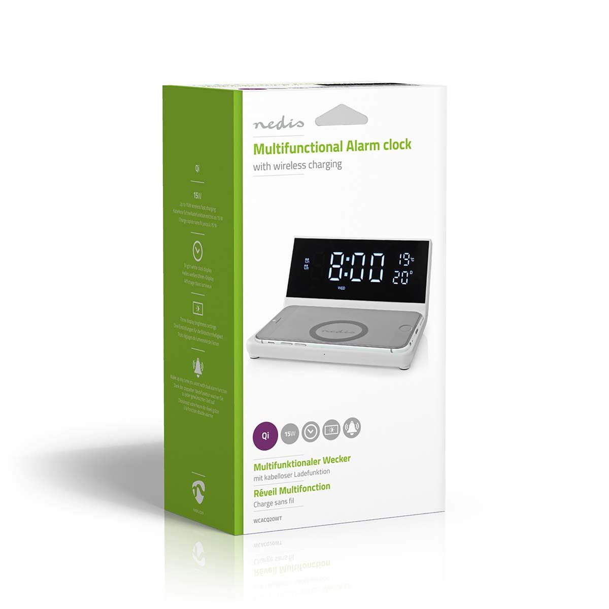 Nedis Alarm clock with wireless charging | Qi certified | 5 / 7.5 / 10 / 15 W | USB-A Male | 2 Alarm Times | Snooze function