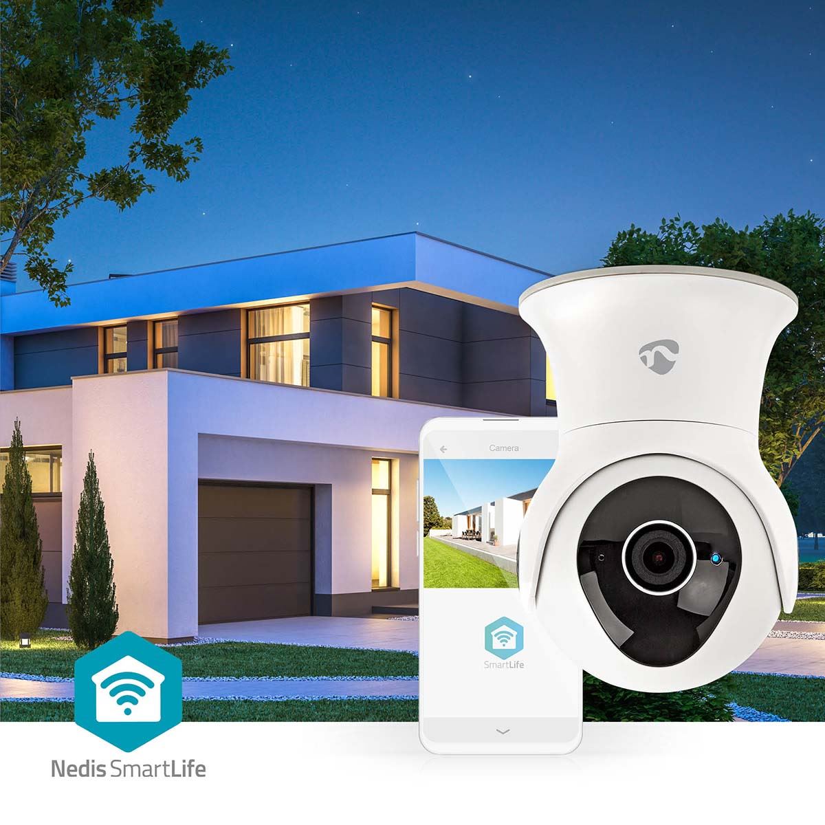 Nedis SmartLife Outdoor Camera | Wi-Fi | Full HD 1080p | Pan tilt | IP65 | Cloud Storage (optional) / Internal 16GB | 12 V DC | With motion sensor | Night vision | White