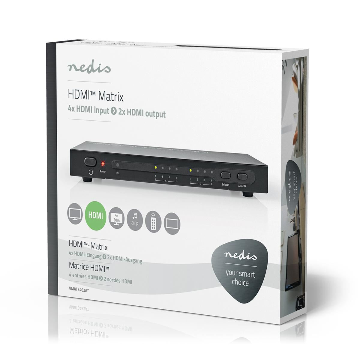 Nedis HDMI™ Matrix Switch | 4 x 2 port(s) | 4x HDMI™ Input | 2x HDMI™ Output | 4K@30Hz | 3.4 Gbps | Remote controlled | Metal | Anthracite