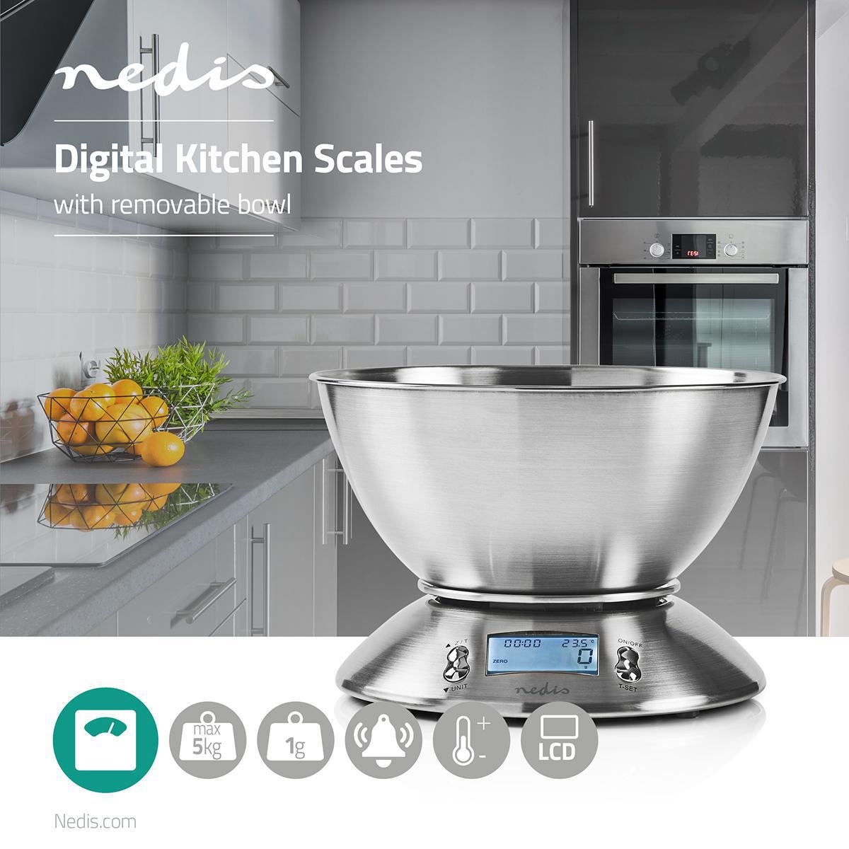 Nedis Kitchen Scales | Digital | Stainless Steel | Timer function | Thermometer function | Removable Bowl | Silver
