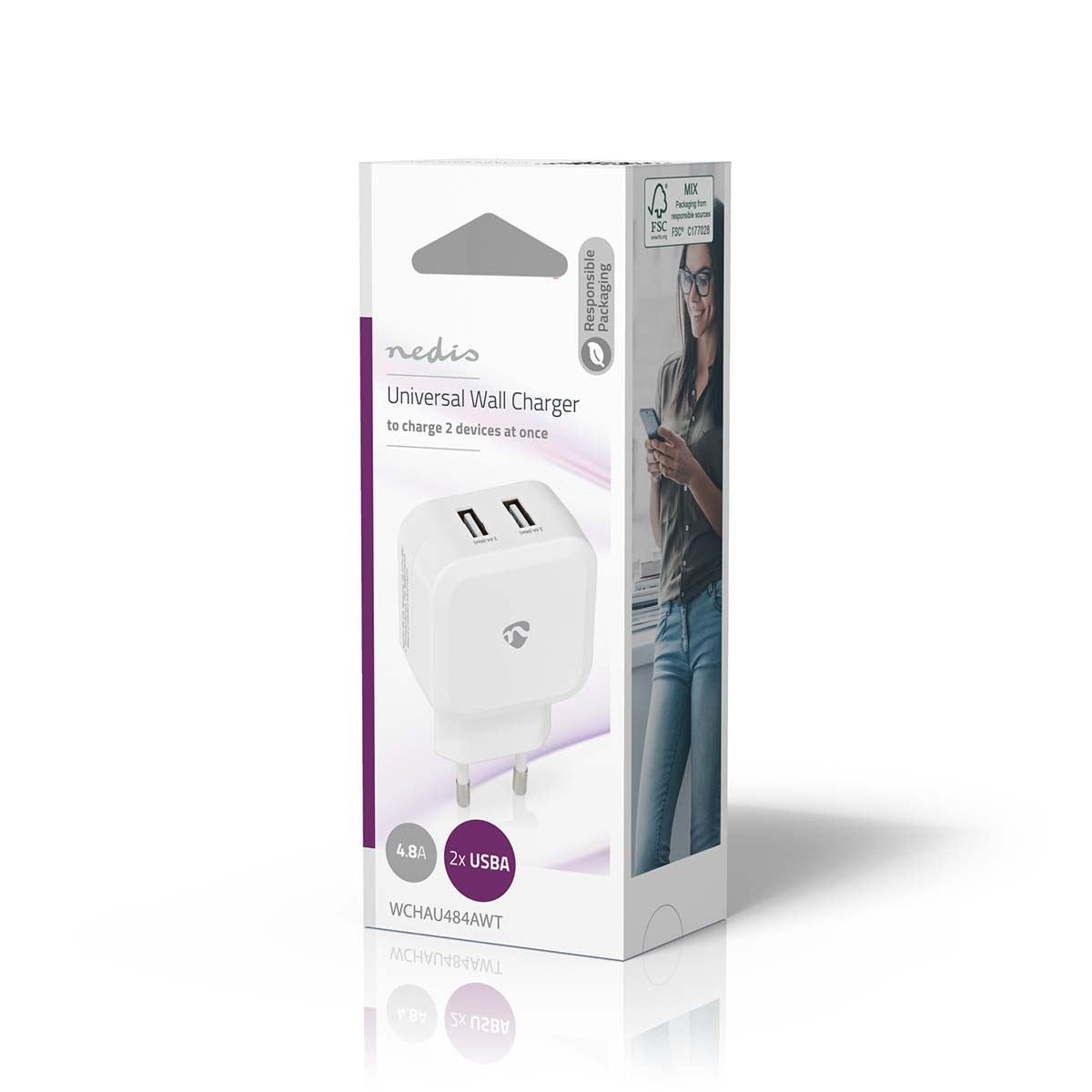 Nedis Wall Charger | 24 W | Quick charge feature | 2x 2.4 A | Number of outputs: 2 | 2x USB-A | No Cable Included | Single Voltage Output | White