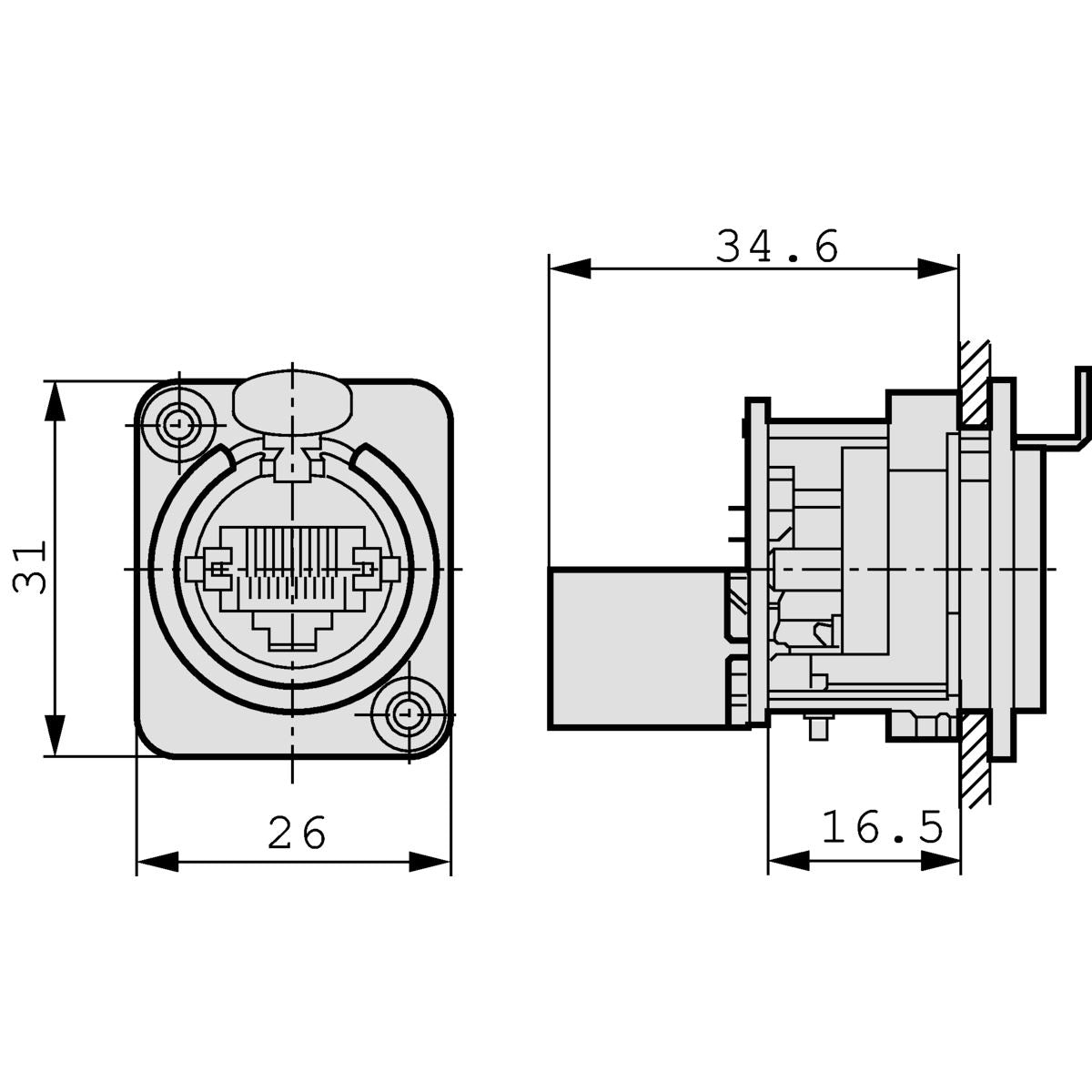 Neutrik RJ45 feedthrough receptacle, D-shape metal flange with the latch lock, mounting screws included