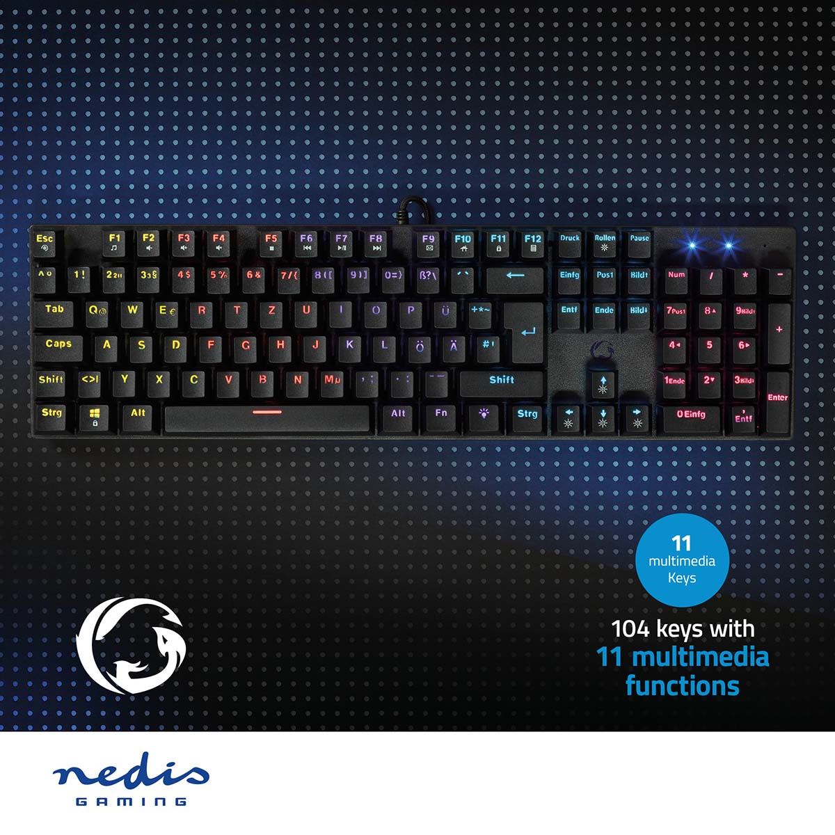 Nedis Wired Gaming Keyboard | USB Type-A | Mechanical Keys | LED | German | DE Layout | USB Powered | Power cable length: 1.50 m | Gaming