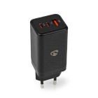 Nedis Wall Charger | 65 W | GaN | Quick charge feature | 3.0 / 3.25 A | Number of outputs: 3 | USB-A / 2x USB-C™ | Automatic Voltage Selection | Black