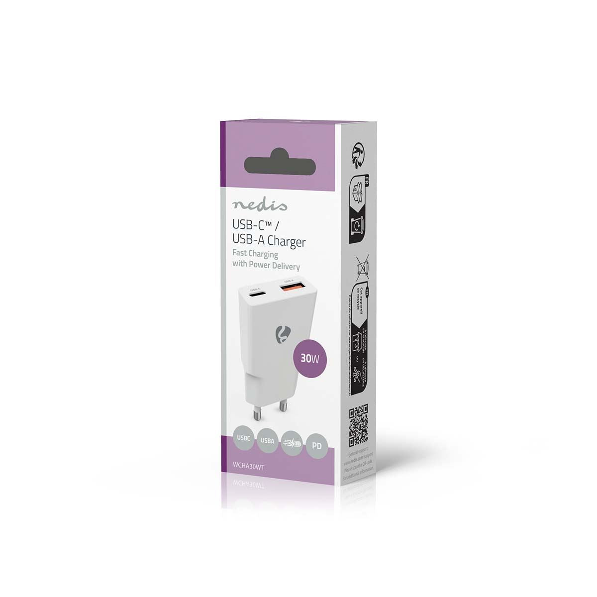 Nedis Wall Charger | 30 W | GaN | PD3.0 30W | Quick charge feature | 1.5 / 2.0 / 2.5 / 3.0 A | Number of outputs: 2 | USB-A / USB-C™ | Automatic Voltage Selection | White
