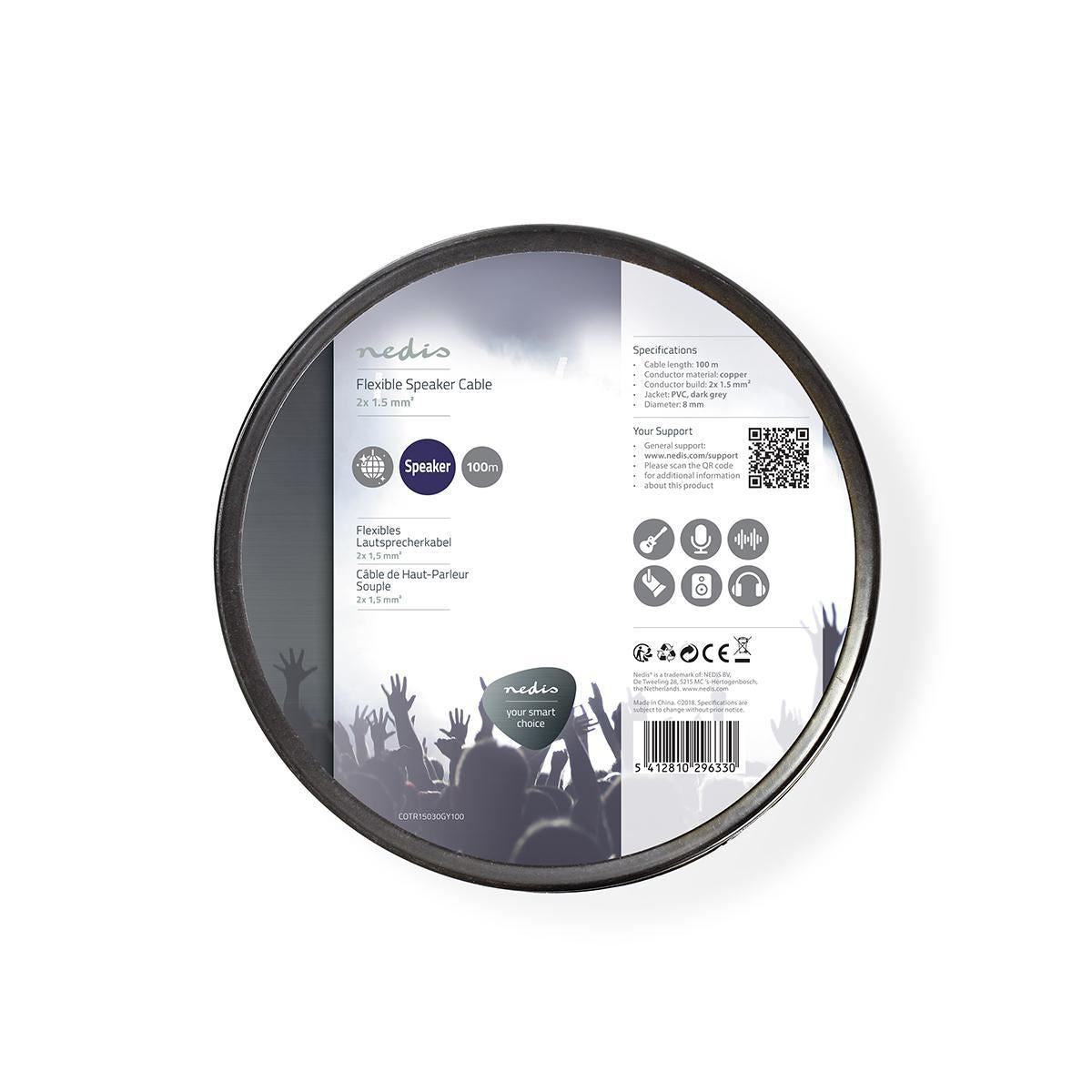 Nedis Speaker Cable | 2 x 1.50 mm² | Copper | 100.0 m | Round | PVC | Dark Grey | Reel