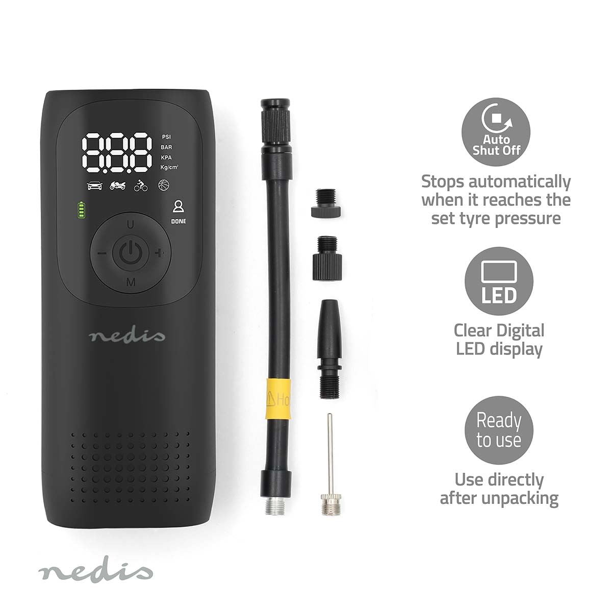 Nedis Rechargeable Air Compressor | 0.1 - 10.3 Bar | Dunlop Valve | Operation modes: Car / Motorbike / Bycicle / Ball | Yes | Air Pressure Meter
