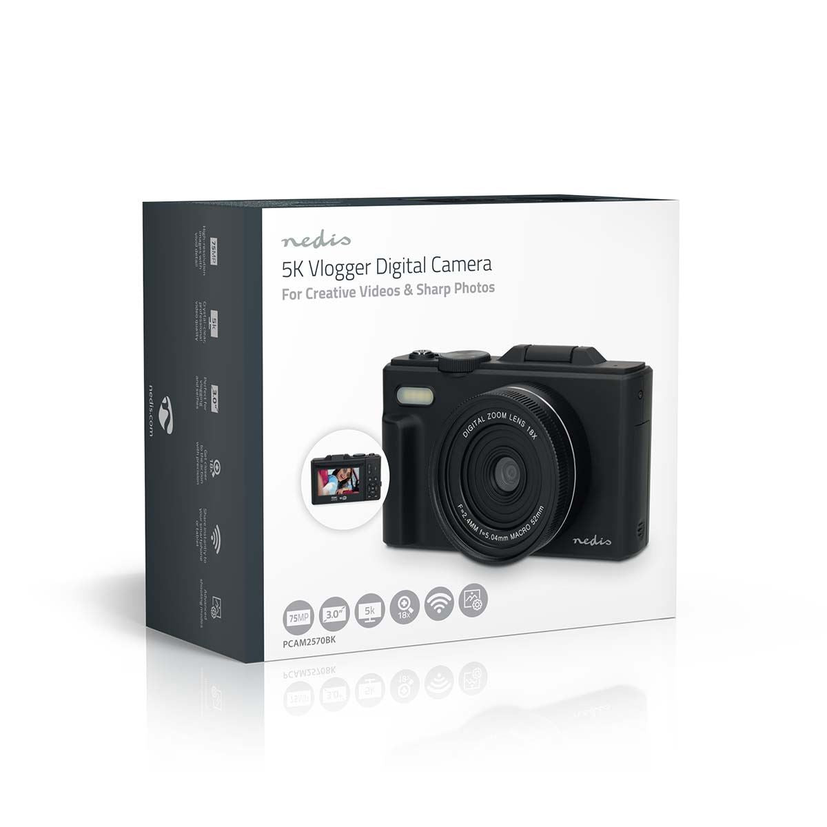 Nedis PCAM2570BK | Digital Photo Camera | Flip Screen | 75 MPixel | 5K@15fps | 16 MP | Black
