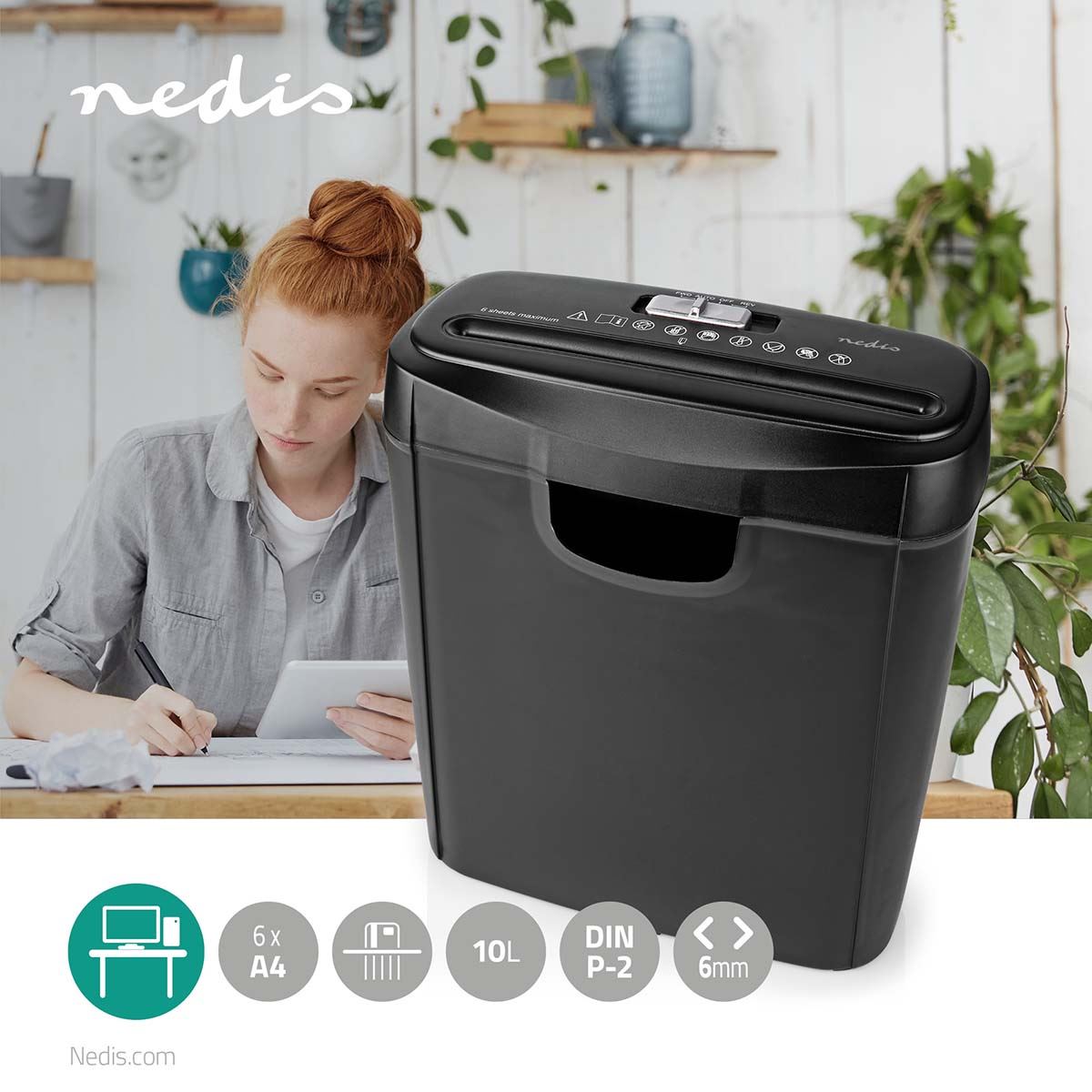 Nedis Paper Shredder | Strip Cut | 6x A4 pages | 10 l | Safety standard: DIN 2 | 190 W | Black