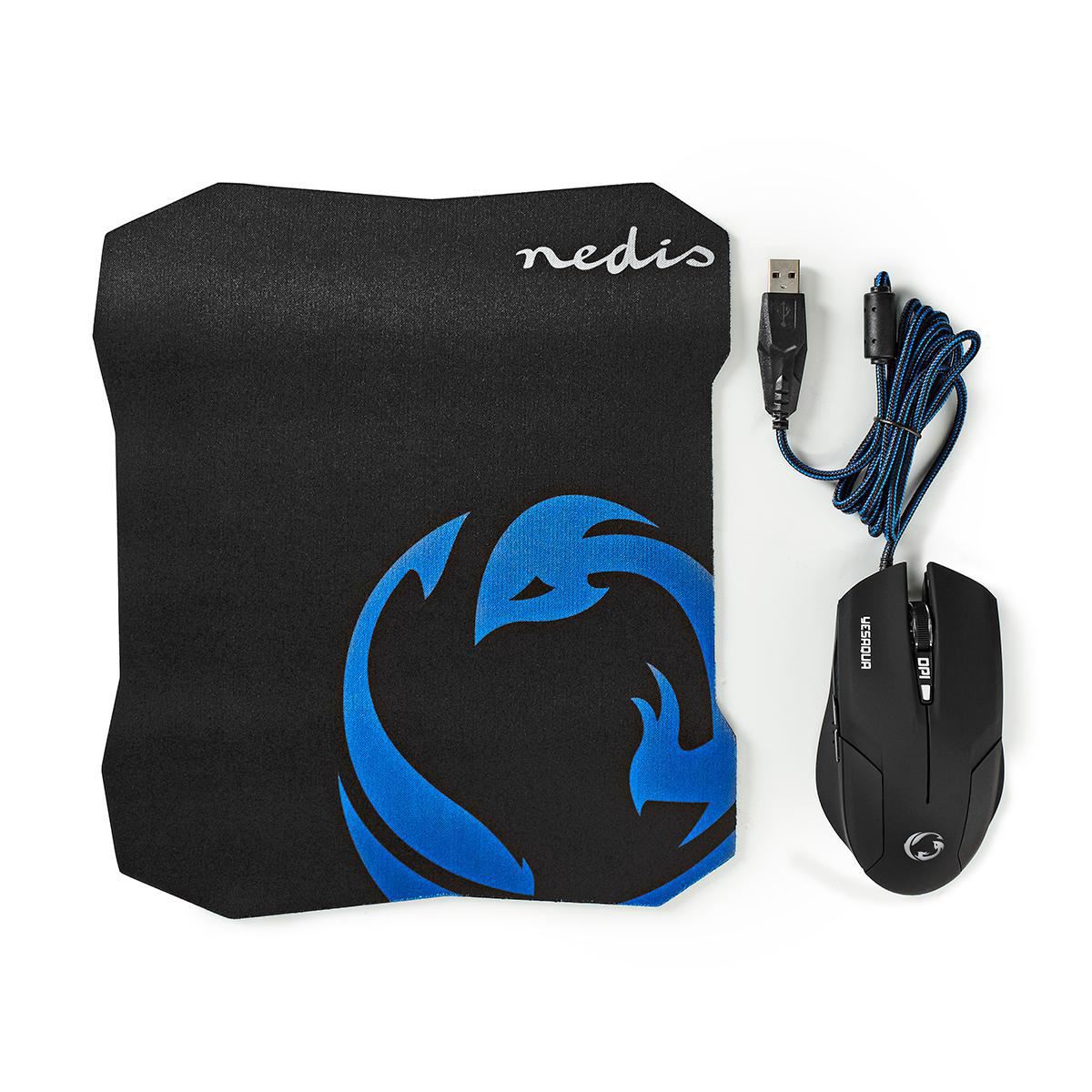 Nedis Gaming Mouse & Mouse Pad Set | Wired | 800 / 1200 / 1600 dpi | Adjustable DPI | Number of buttons: 6 | Right-Handed | 1.50 m | Normal Lighting