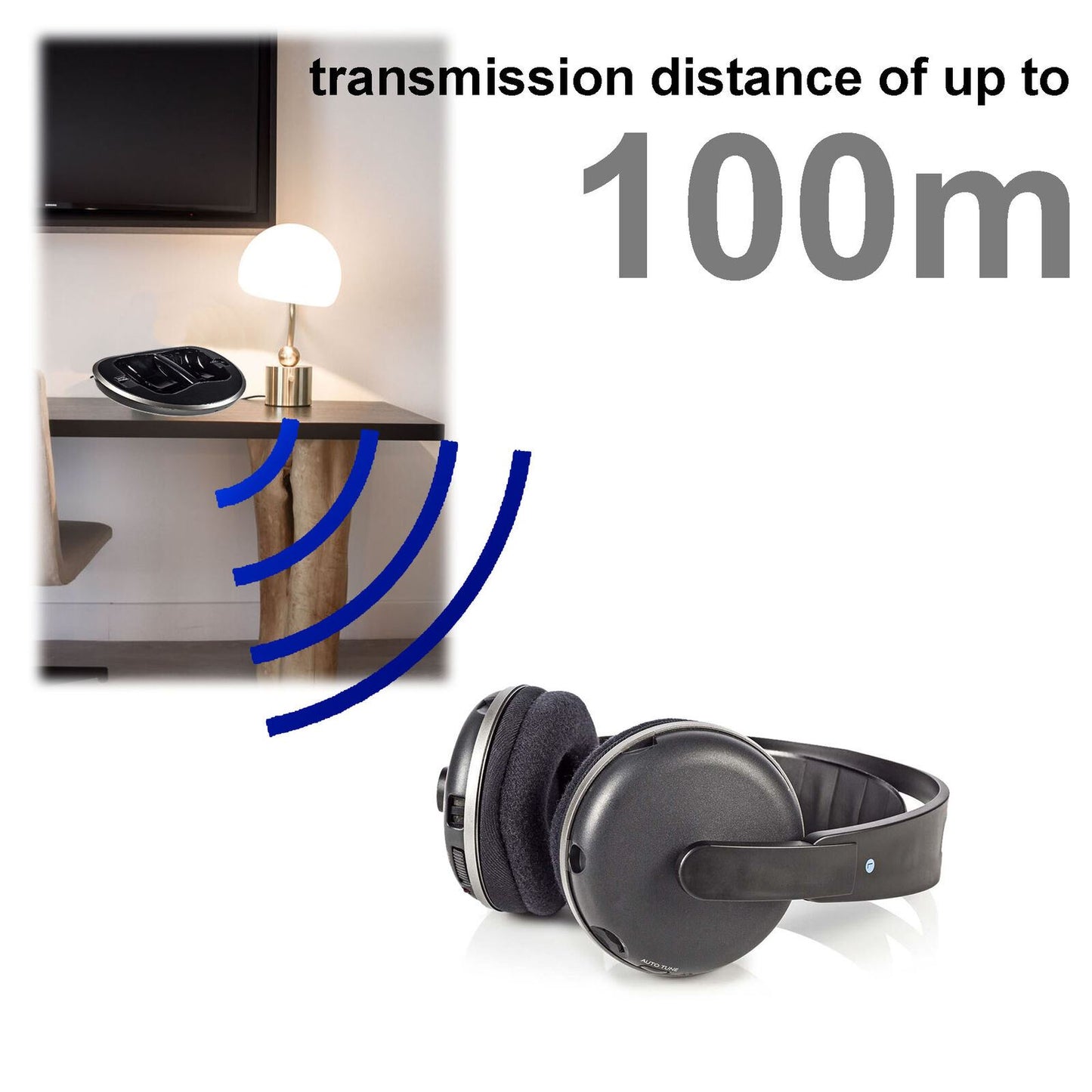 Nedis Wireless TV Headphones | RF | Over-Ear | Maximum battery play time: 11 hrs | 100 m | Digital Audio | Charging dock | Black / Silver