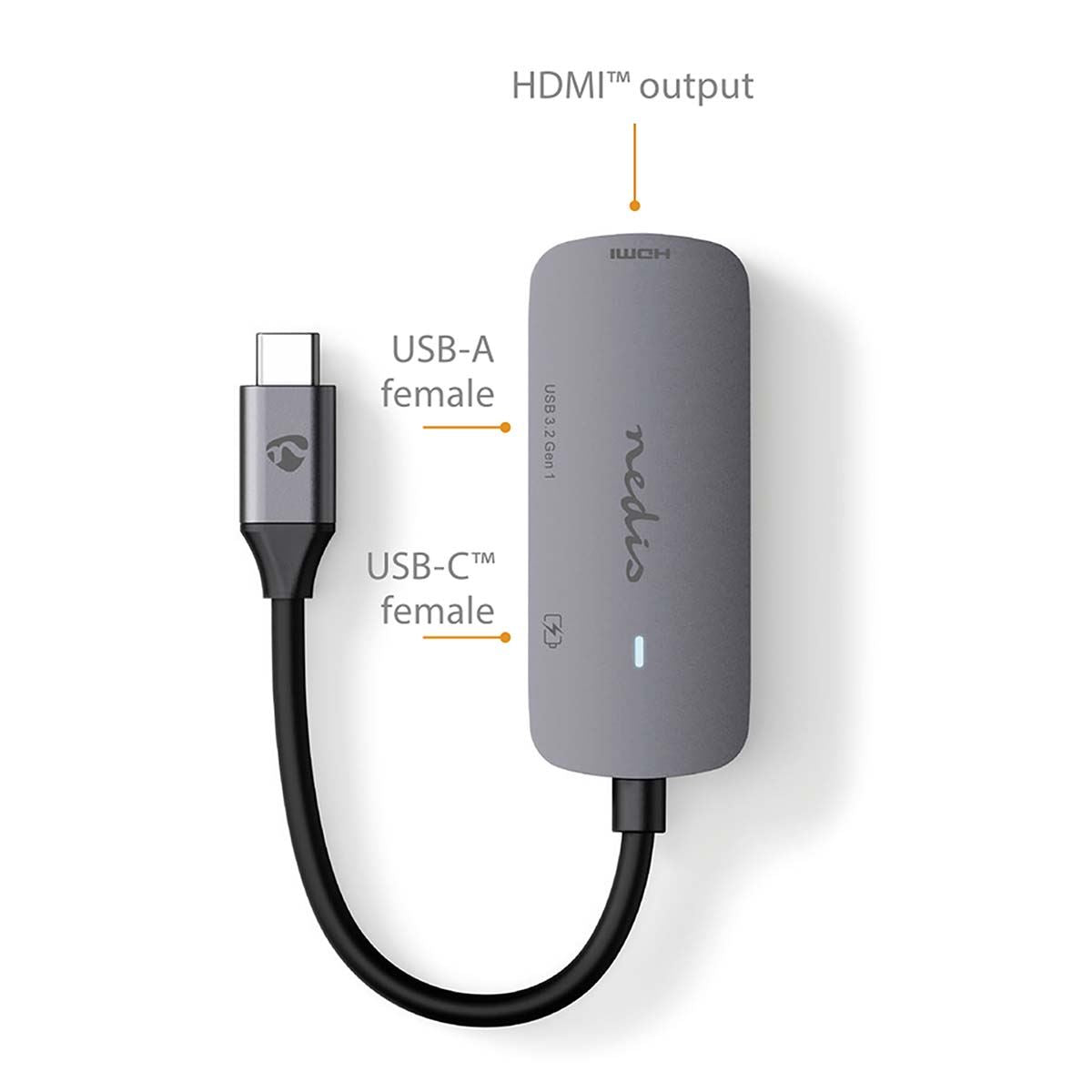 Nedis USB Multi-Port Adapter | USB 3.2 Gen 1 | USB-C™ Male | HDMI™ Output / USB-A Female / USB-C™ Female | 5 Gbps | 0.10 m | Round | Nickel Plated | PVC | Grey | Box