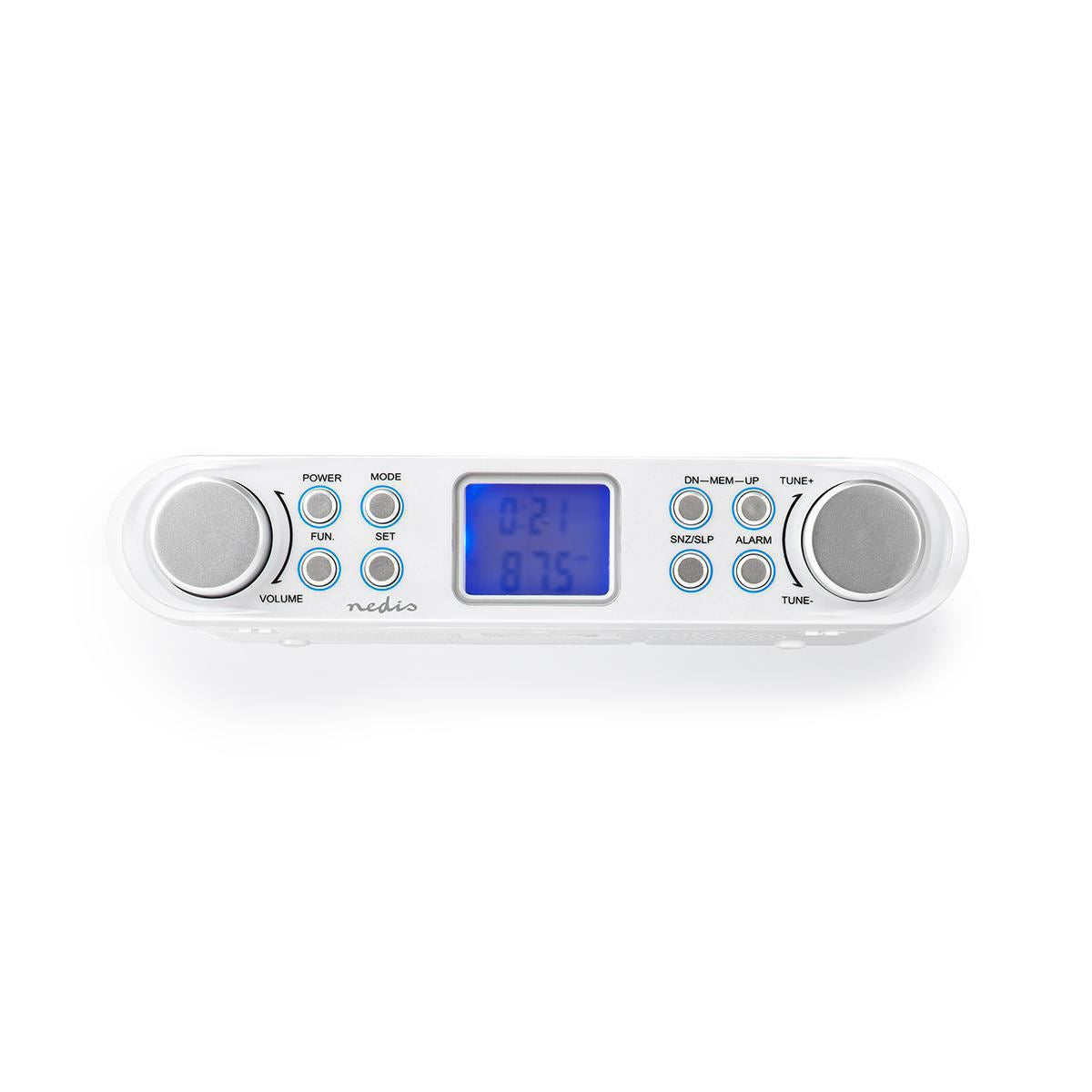 Nedis Kitchen Radio | Cabinet Design | FM | Mains Powered | Digital | 1.5 W | 2 " | Black Blue Screen | Alarm clock | Silver / White