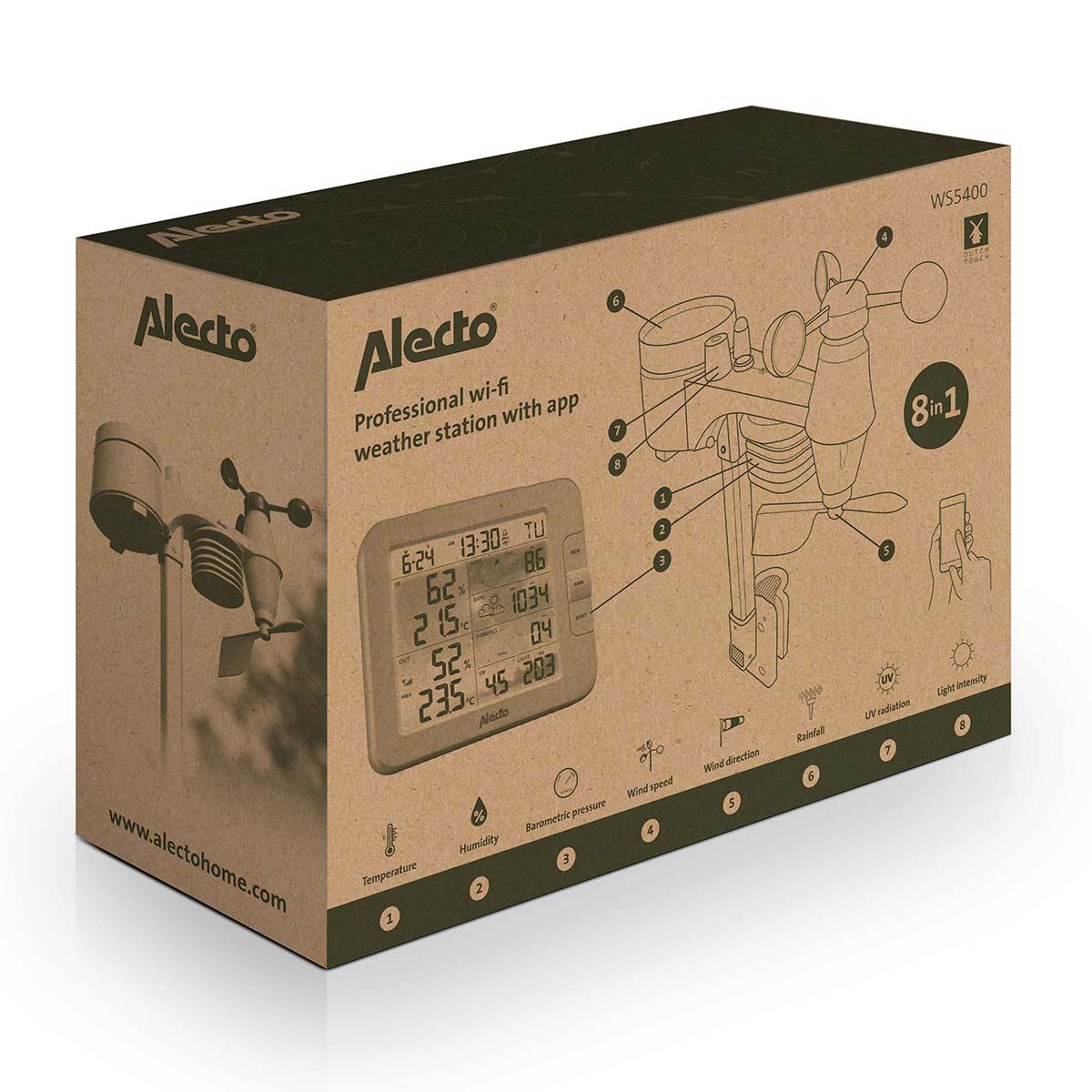 Alecto WS5400 | 8-in-1 Wi-Fi Smart Weather Station | Indoor and Outdoor Temperature, Forecast, Wind, Pressure, Humidity, Rain & More | Outside Wireless sensor | Application | Grey