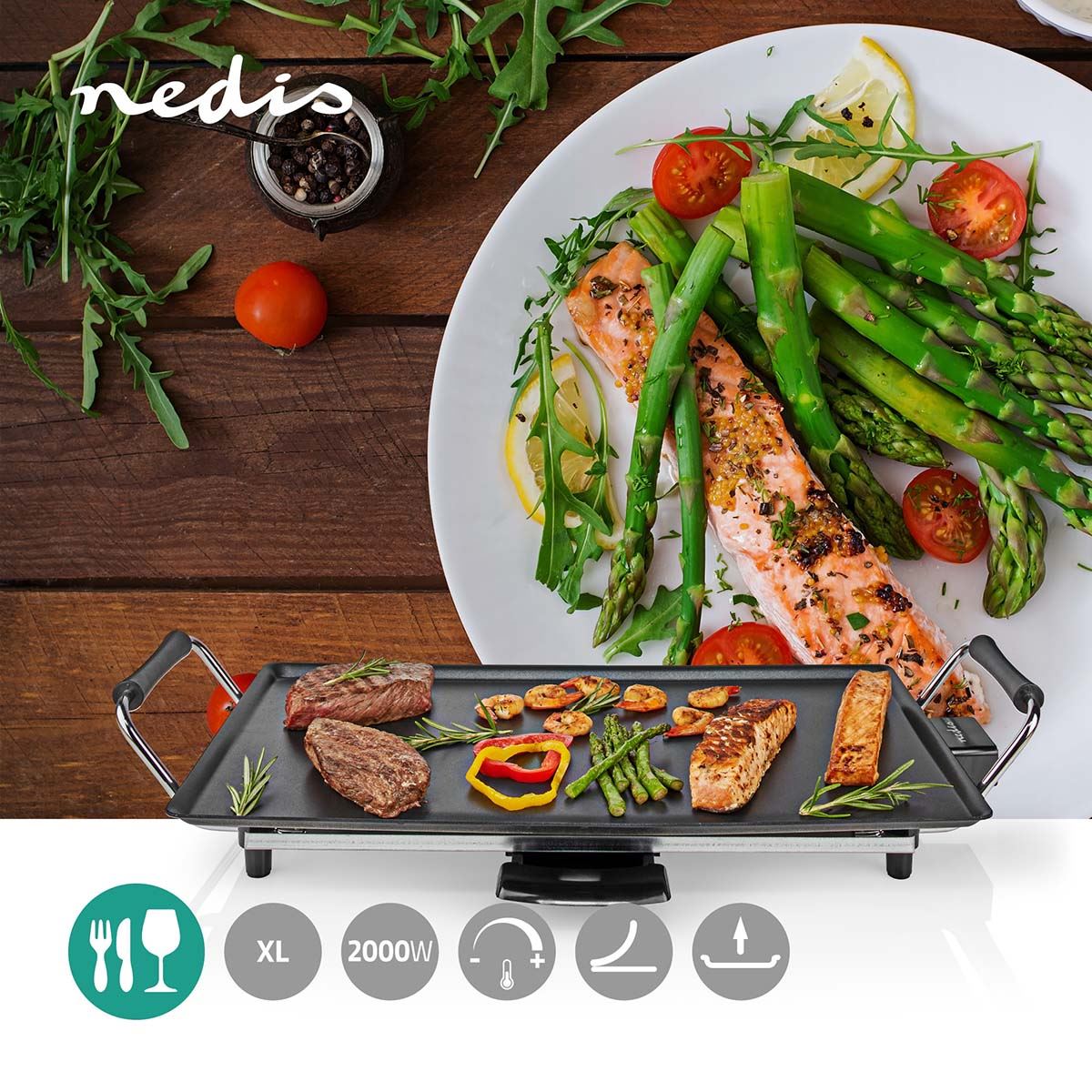 Nedis Teppanyaki Table Grill | Baking surface ( l x w ): 47.5 x 26.5 cm | 5 Heat Settings