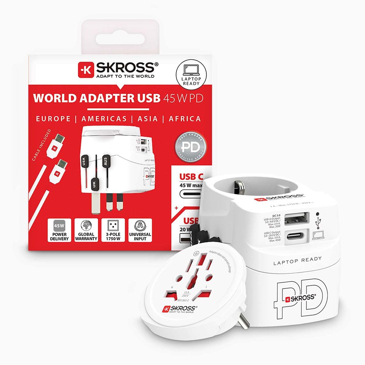 Skross SKR1302474 | Travel adapter 3-pole earthed with integrated fast charging 45 watt PD USB charger (1 x USB C & 1 x USB)