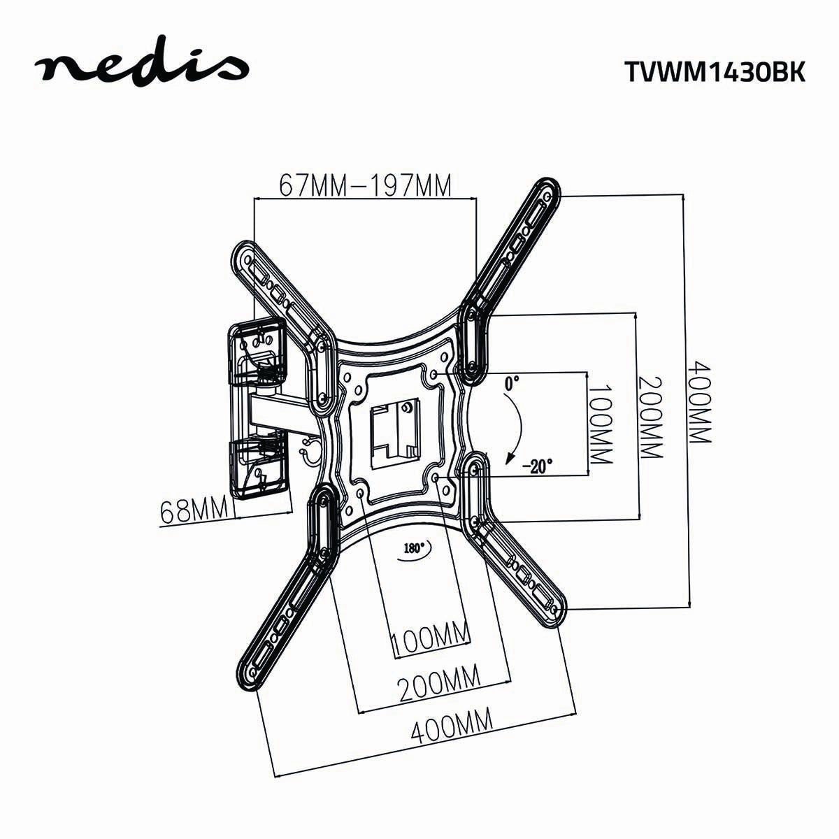 Nedis Full Motion TV Wall Mount | 23 - 55 " | Maximum supported screen weight: 30 kg | Tiltable | Rotatable | Minimum wall distance: 67 mm | Maximum wall distance: 197 mm | 2 Pivot point(s) | ABS / Steel | Black