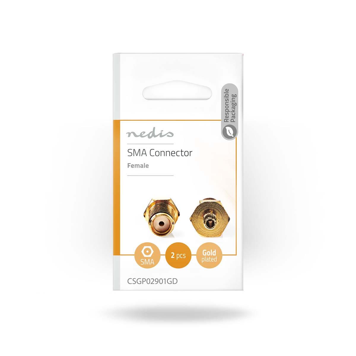 Nedis SMA Connector | Straight | Female | Gold Plated | 50 Ohm | Crimp | Cable input diameter: 2.55 mm | Metal | Gold | 2 pcs | Box