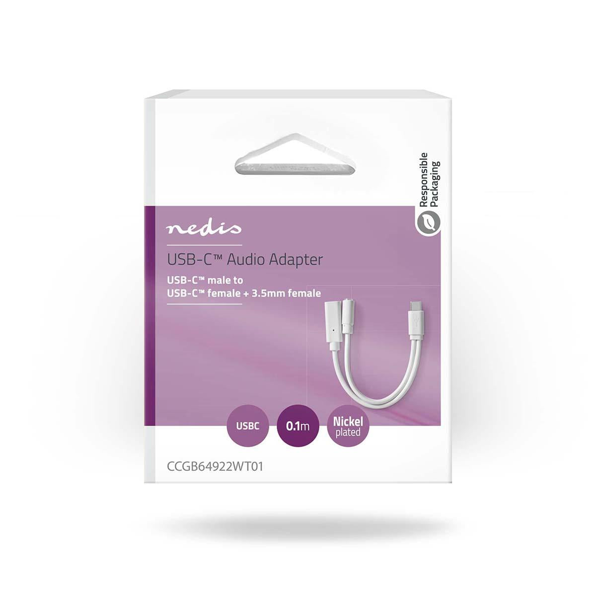 Nedis USB-C™ Adapter | USB 2.0 | USB-C™ Male | USB-C™ Female / 3.5 mm Female | 0.10 m | Round | Nickel Plated | PVC | White | Box