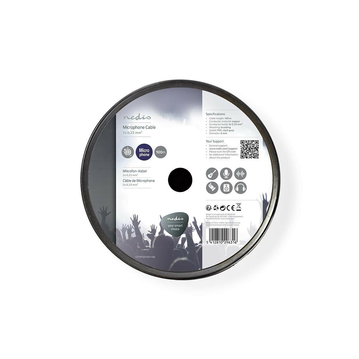 Nedis Microphone Cable | 2 x 0.23 mm² | Copper | 100.0 m | Round | PVC | Dark Grey | Reel