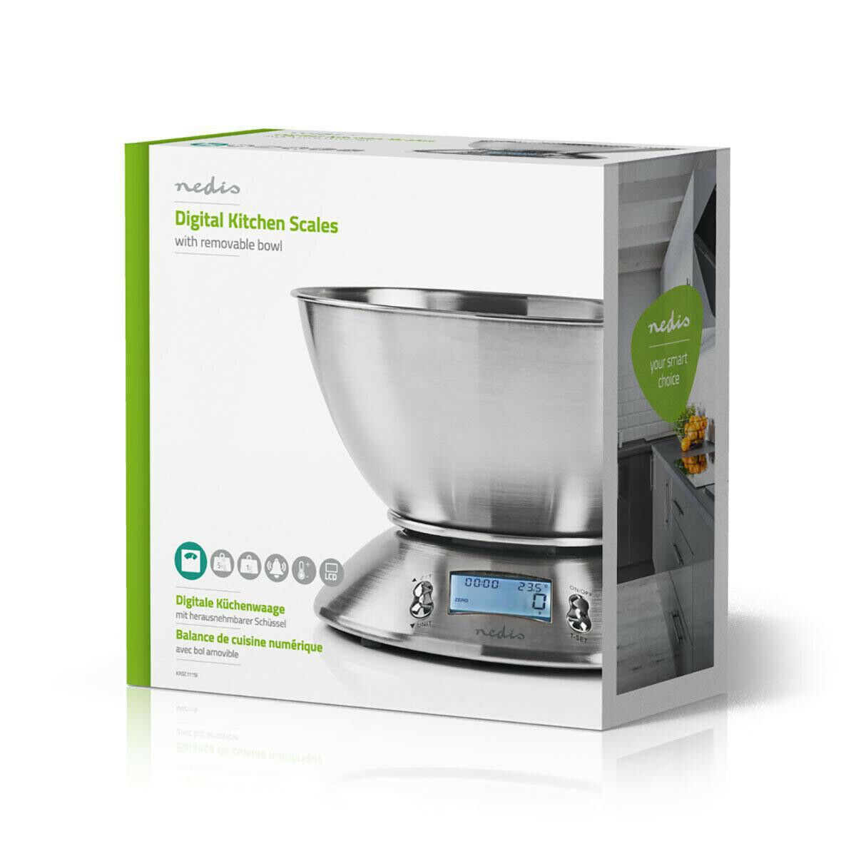 Nedis Kitchen Scales | Digital | Stainless Steel | Timer function | Thermometer function | Removable Bowl | Silver