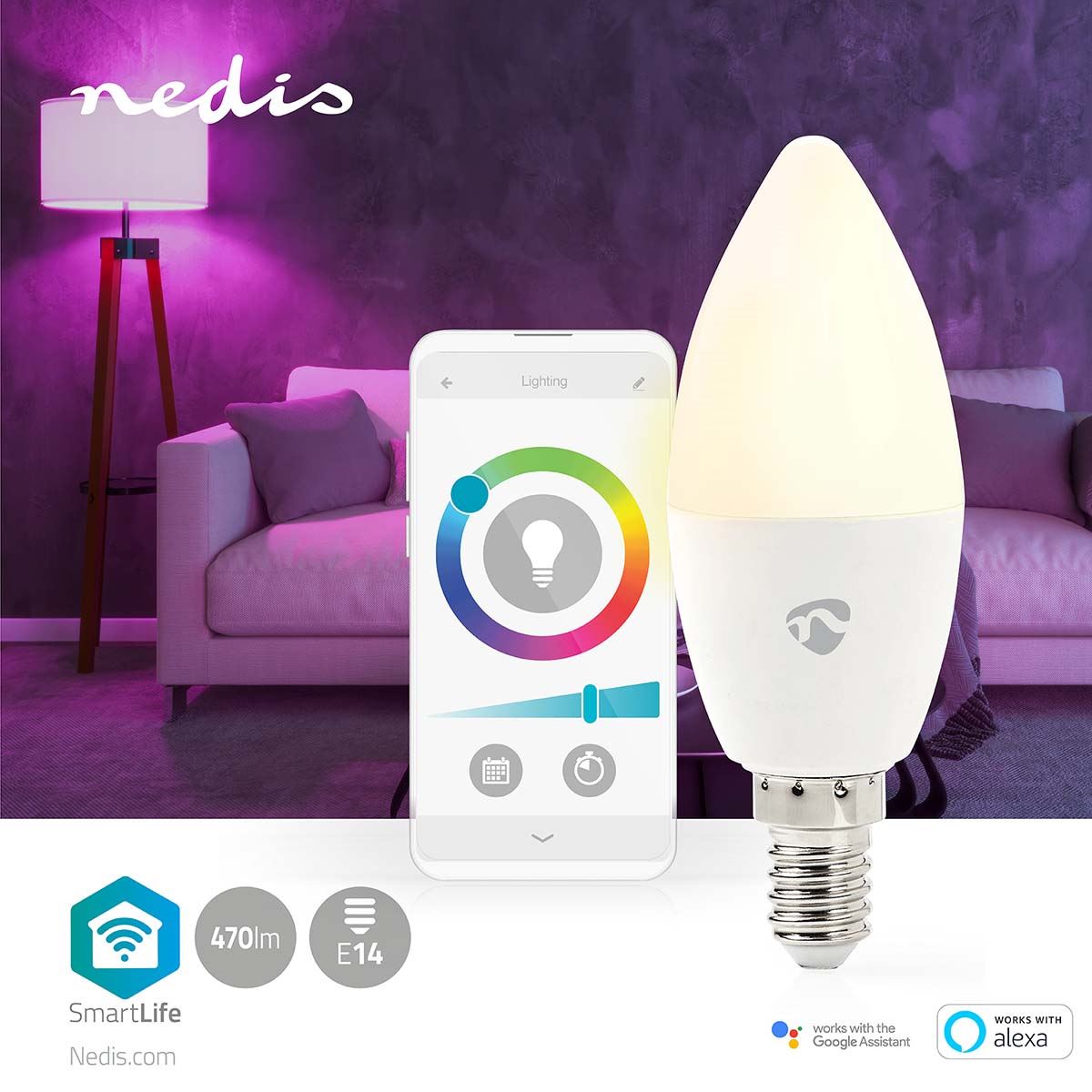 Nedis SmartLife Full Colour LED Bulb | Wi-Fi | E14 | 470 lm | 4.9 W | RGB / Warm to Cool White | 2700 - 6500 K | Android™ / IOS | Candle | 1 pcs