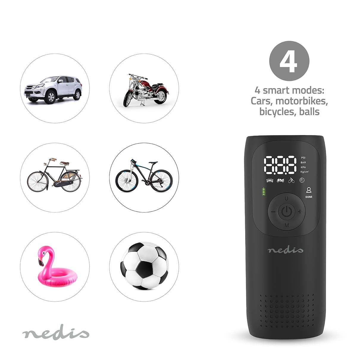Nedis Rechargeable Air Compressor | 0.1 - 10.3 Bar | Dunlop Valve | Operation modes: Car / Motorbike / Bycicle / Ball | Yes | Air Pressure Meter