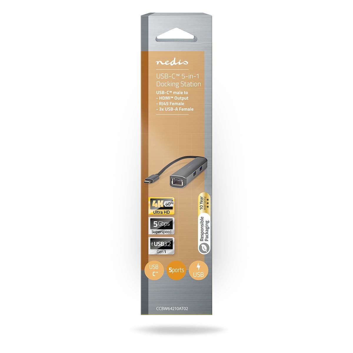 Nedis USB Multi-Port Adapter | USB 3.2 Gen 1 | USB-C™ Male | HDMI™ Output / RJ45 Female / 3x USB-A Female | 5 Gbps | 0.20 m | Round | Gold Plated | PVC | Anthracite | Box