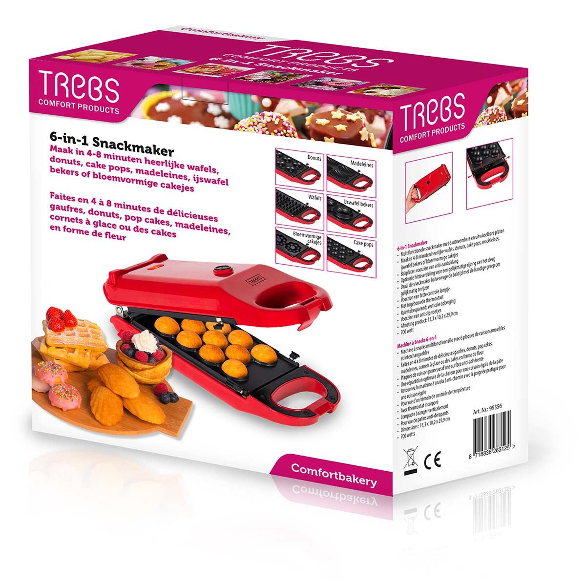 Trebs 6-in-1 Snack Maker | Waffles, Doughnuts, Cake pops, Madeleine biscuits, Waffle Bowls, Mini cakes | 700W | Red