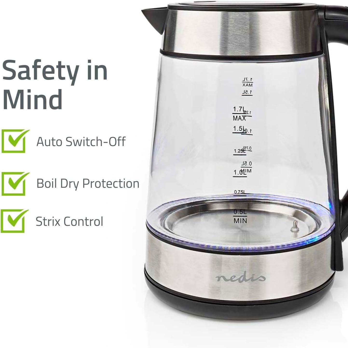 Nedis Electric Kettle | 1.7 l | Glass | Transparent | 60,70,80,90,100 °C | Temperature indicator | Rotatable 360 degrees | Concealed heating element | Strix® controller | Boil-dry protection