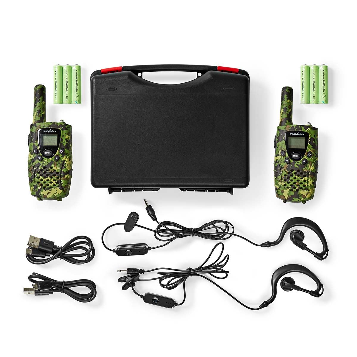 Nedis Walkie-Talkie Set | 2 Handsets | Up to 8 km | Frequency channels: 8 | PTT / VOX | up to 2.5 Hours | Headphone output | 2 Headsets | Travel case included | Green